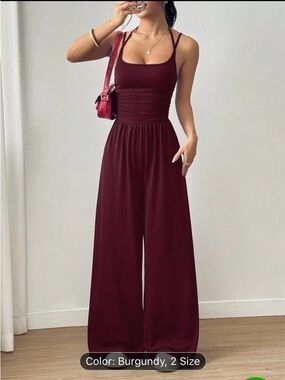 Women’s Wide-Leg Burgundy Jumpsuit with Spaghetti Straps Size L